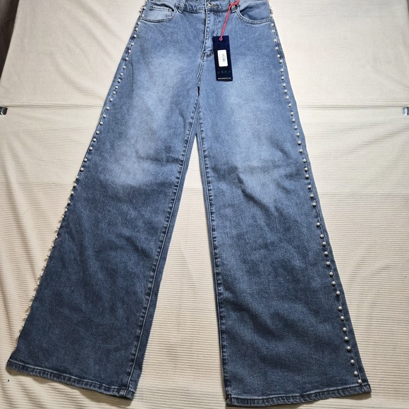 vbrt Denim - VBRT Pearl Stud High Rise Wide Leg Jeans 11/29 NWT